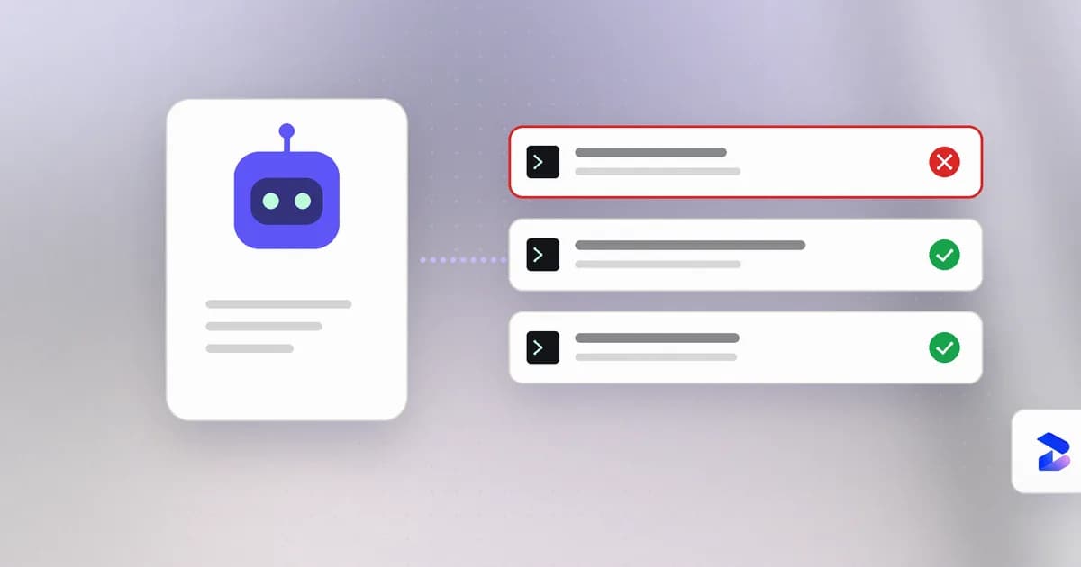 An AI agent proposing actions, with one risky command denied by policy and the rest allowed