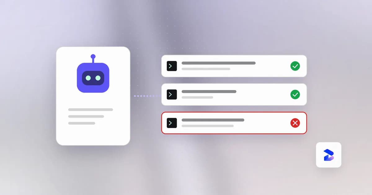 An AI agent proposing actions, with one risky command denied by policy and the rest allowed