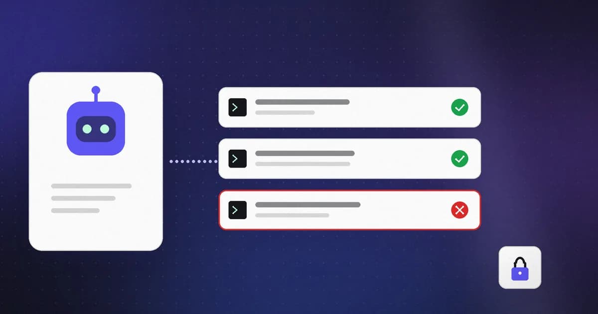 An AI agent proposing actions, with one risky command denied by policy and the rest allowed