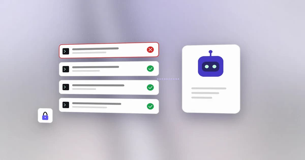 An AI agent proposing actions, with one risky command denied by policy and the rest allowed