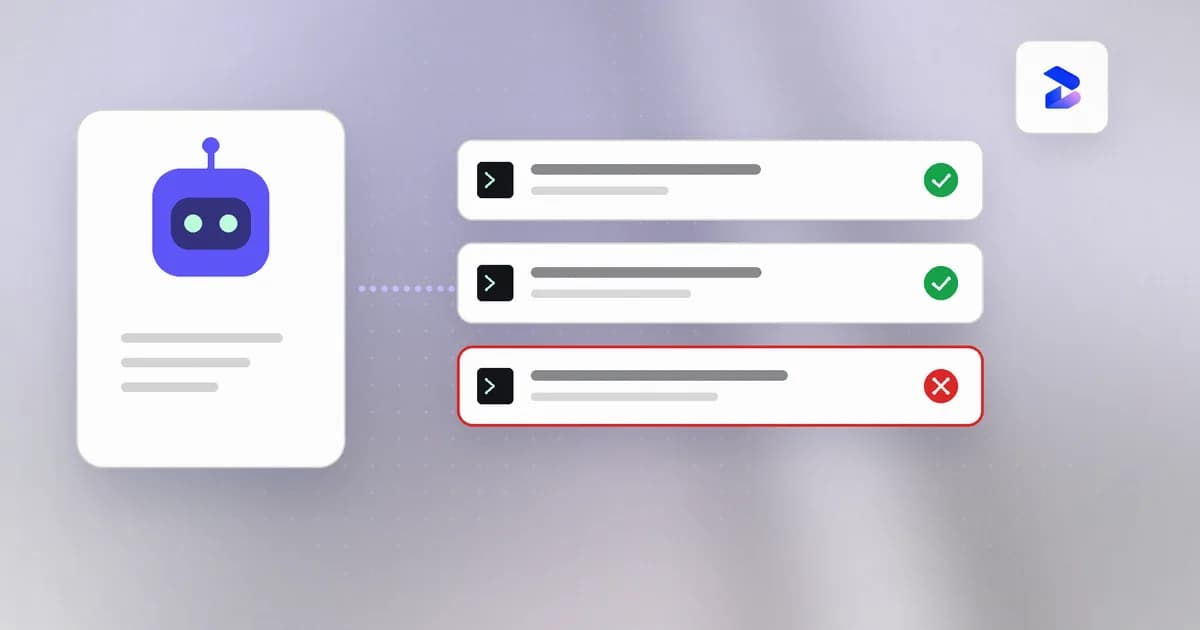 An AI agent proposing actions, with one risky command denied by policy and the rest allowed