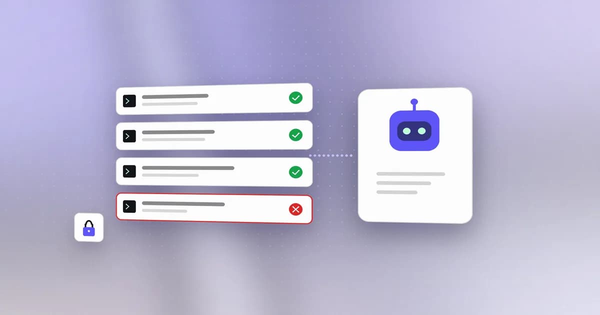 An AI agent proposing actions, with one risky command denied by policy and the rest allowed