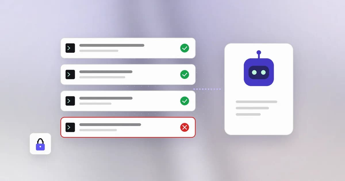 An AI agent proposing actions, with one risky command denied by policy and the rest allowed