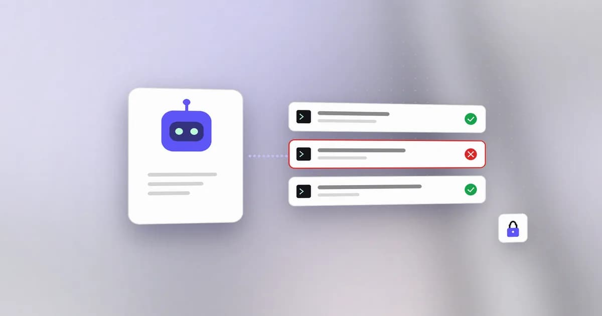 An AI agent proposing actions, with one risky command denied by policy and the rest allowed