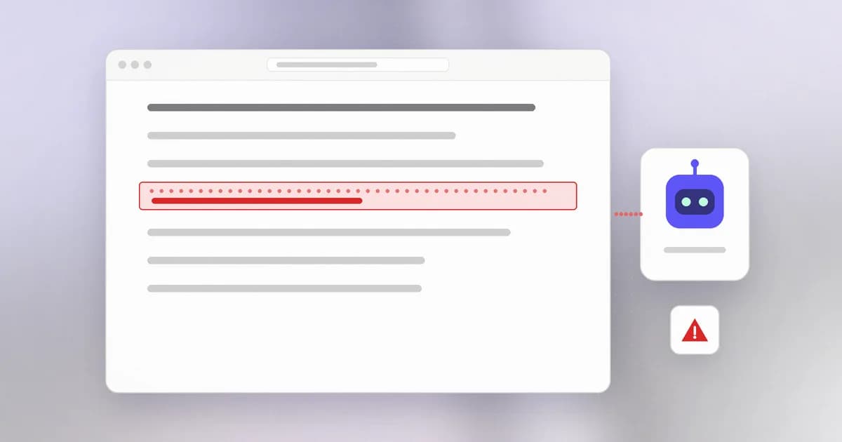 A web page with a hidden prompt-injection instruction highlighted before it reaches an AI model