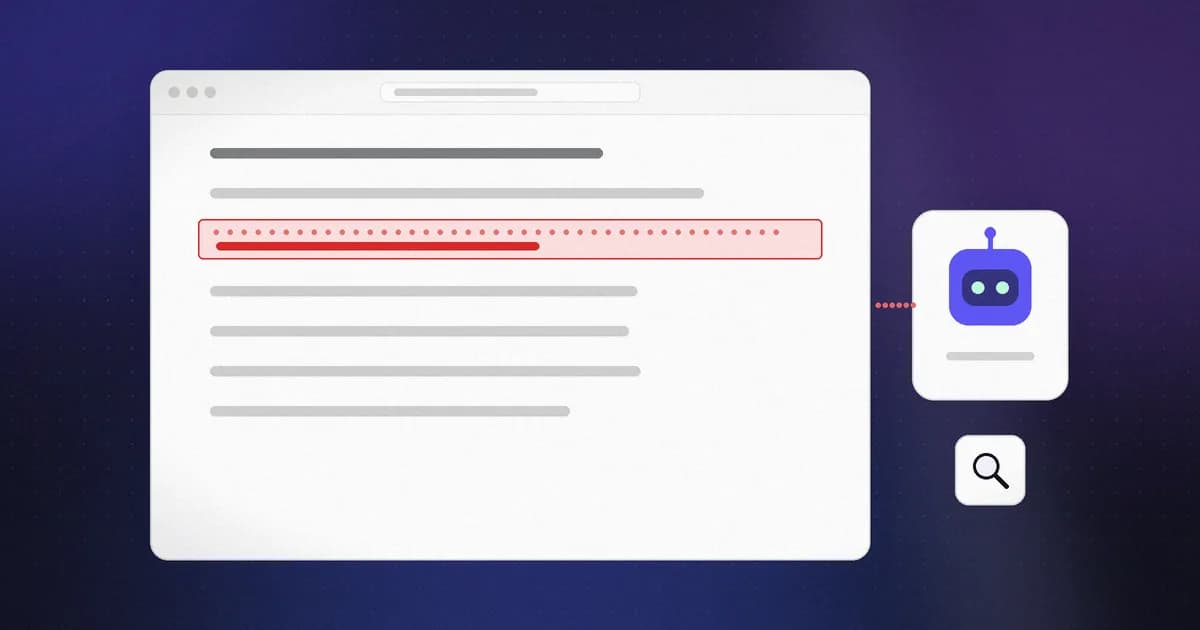 A web page with a hidden prompt-injection instruction highlighted before it reaches an AI model