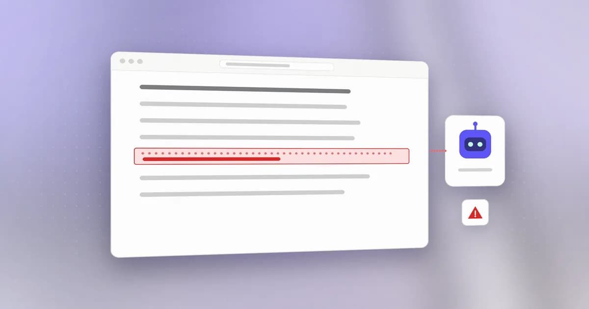 A web page with a hidden prompt-injection instruction highlighted before it reaches an AI model