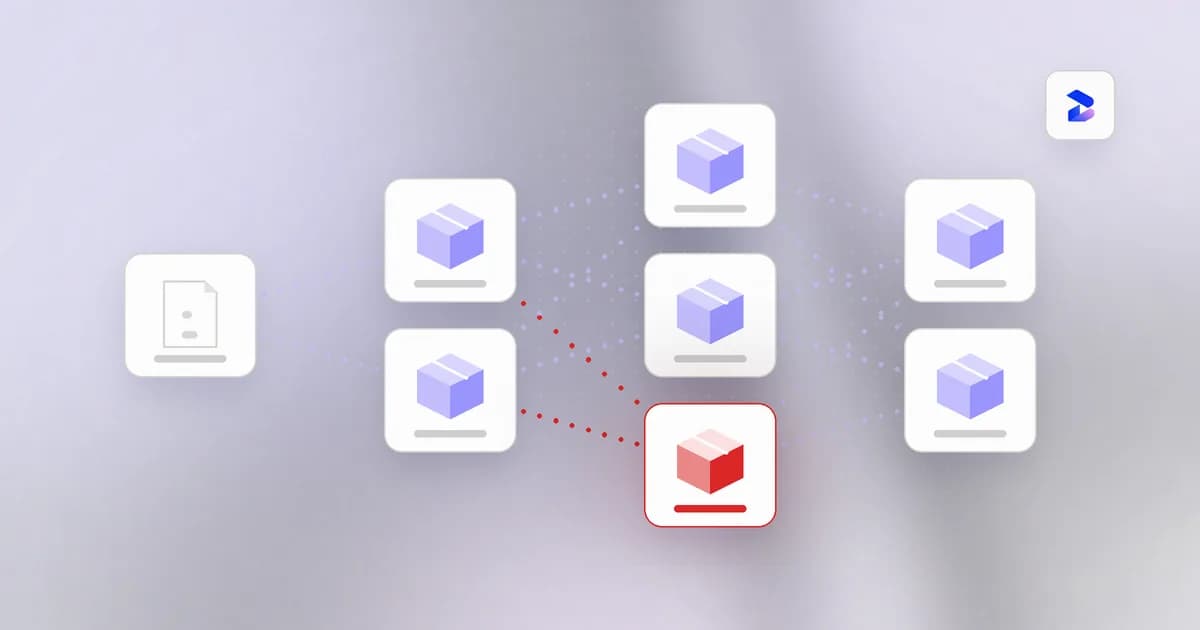 A software dependency graph with one malicious package flagged in the supply chain