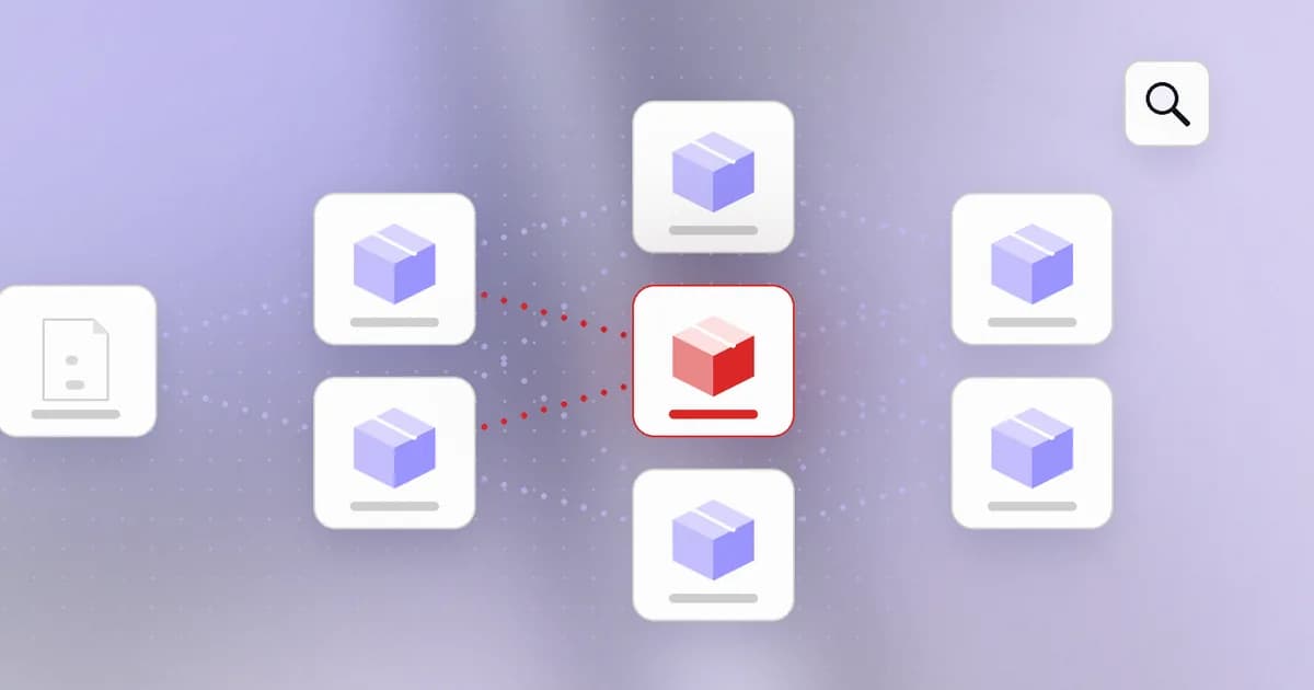 A software dependency graph with one malicious package flagged in the supply chain