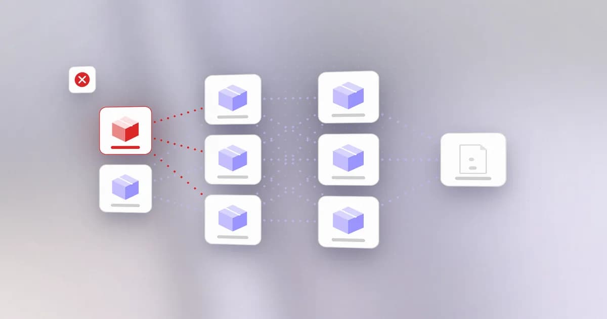A software dependency graph with one malicious package flagged in the supply chain