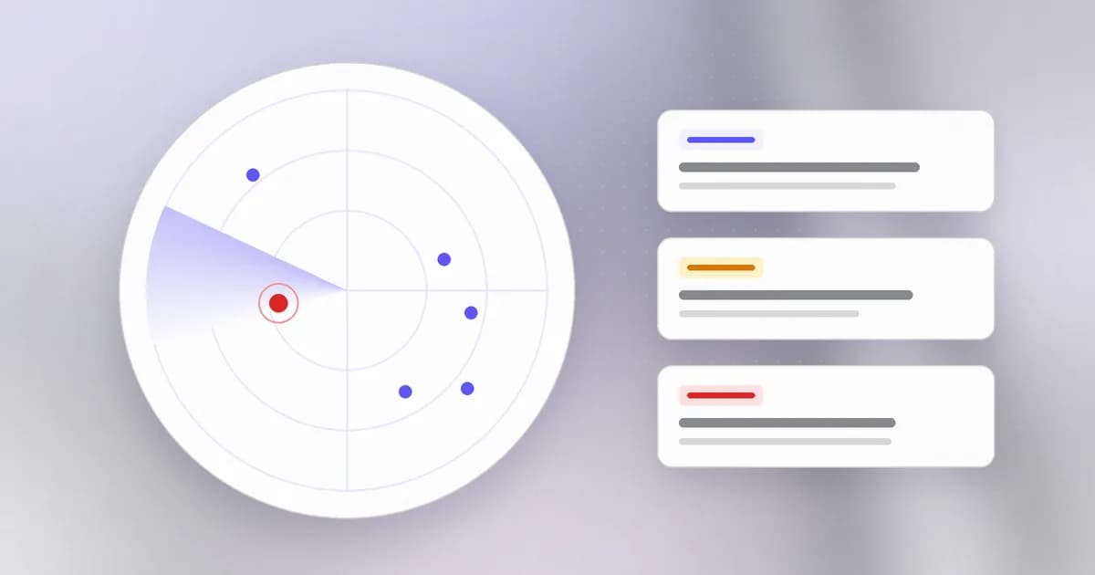 A radar sweep tracking threat campaigns, with one active attack highlighted and research cards beside it