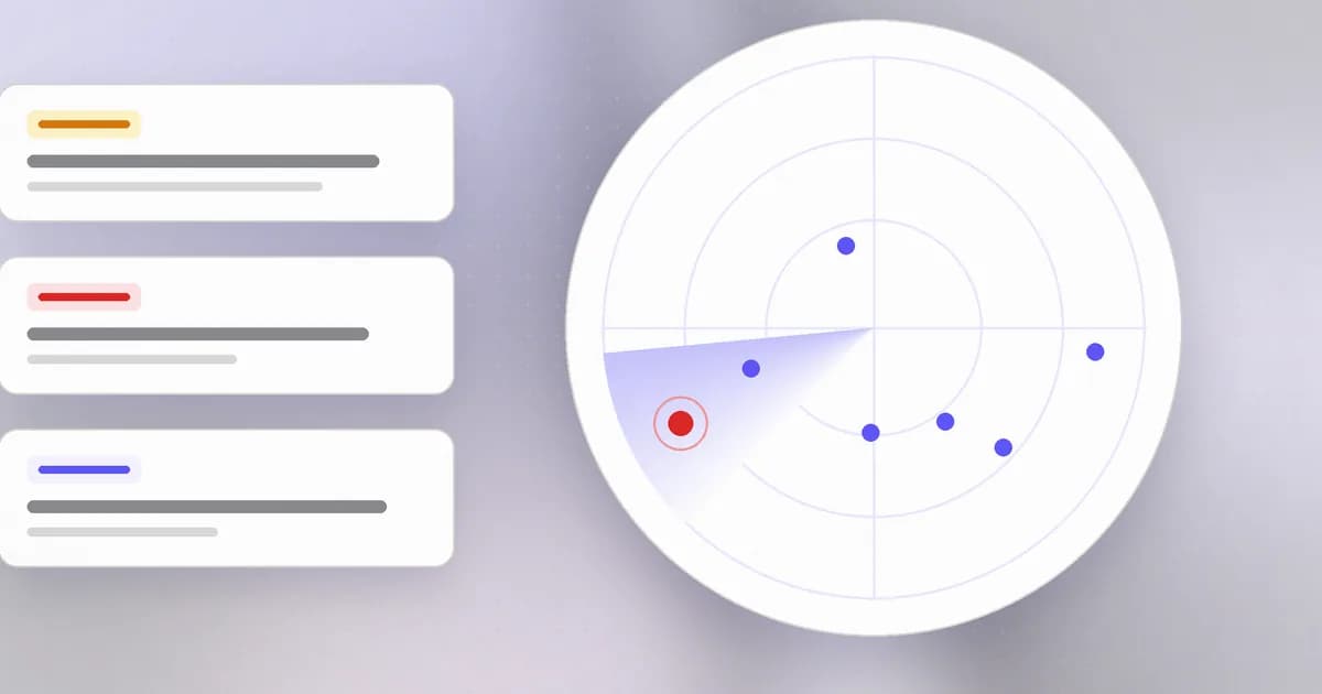 A radar sweep tracking threat campaigns, with one active attack highlighted and research cards beside it