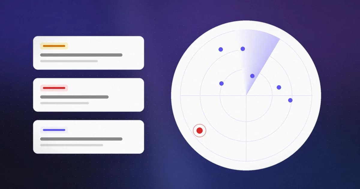 A radar sweep tracking threat campaigns, with one active attack highlighted and research cards beside it