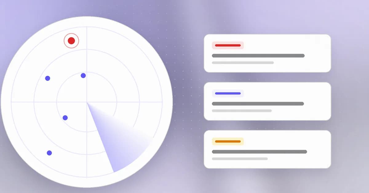 A radar sweep tracking threat campaigns, with one active attack highlighted and research cards beside it