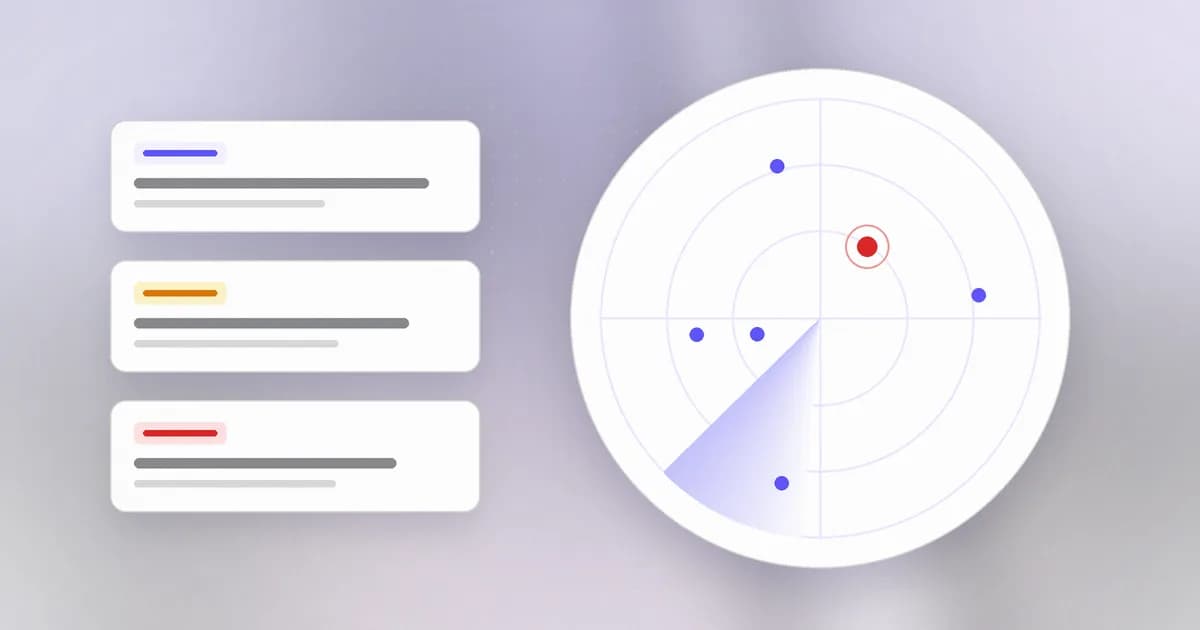 A radar sweep tracking threat campaigns, with one active attack highlighted and research cards beside it