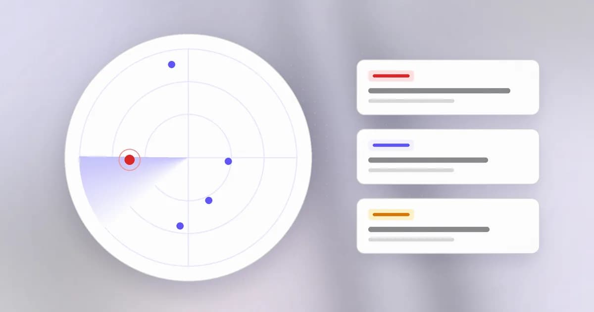 A radar sweep tracking threat campaigns, with one active attack highlighted and research cards beside it