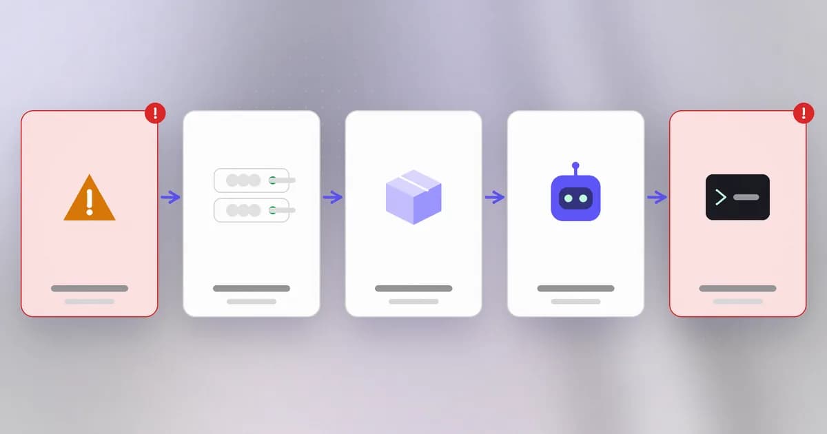 Agentjacking step by step: a fake error event is planted, the MCP tool returns it into the agent's context, the model reads it as guidance, and a command runs with the developer's permissions