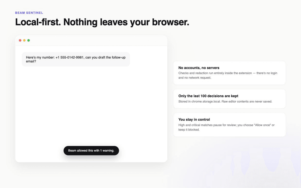 Beam Sentinel warning toast alongside its local-first privacy points