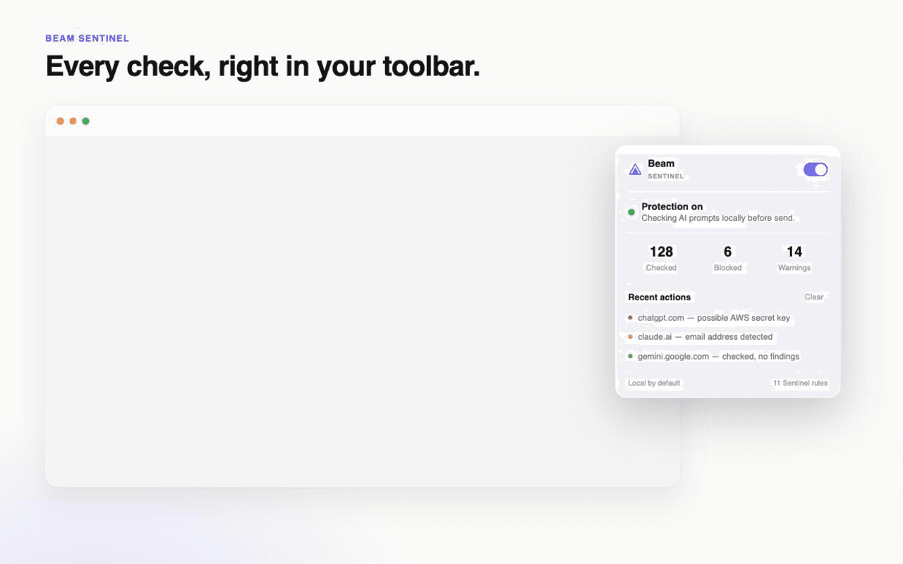 Beam Sentinel toolbar popup showing protection status and recent actions