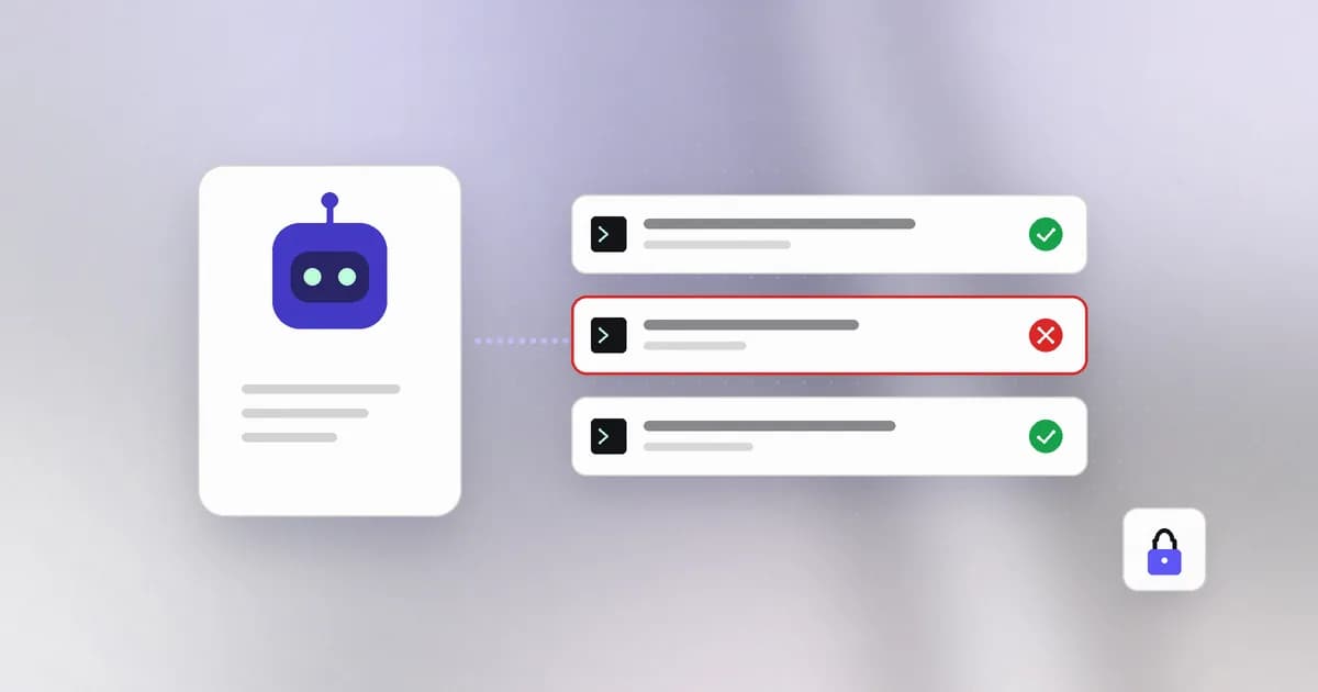 An AI coding agent behind a policy gate, with a denied action being checked before it can run