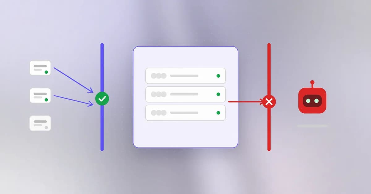 A server with an inbound gate letting visitors in and an outbound gate blocking its connection to an unknown address