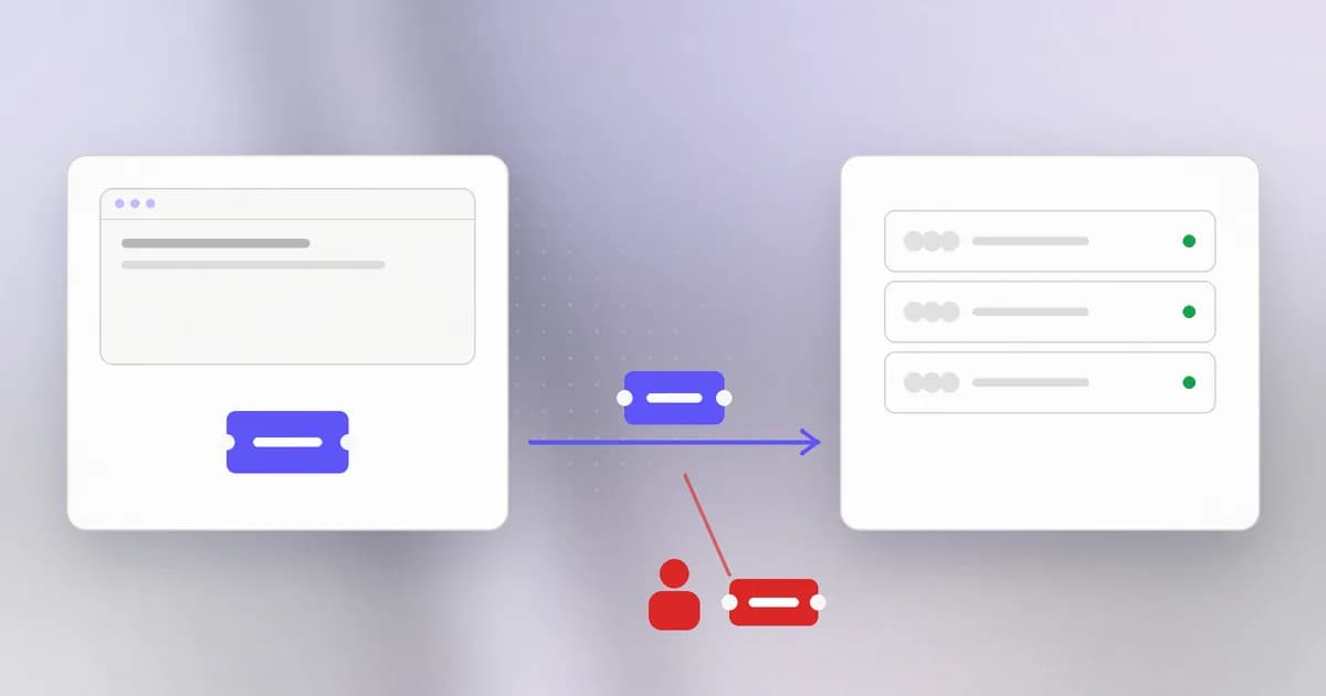 A browser holding a ticket that is shown to a server on every request, with a stolen copy in another hand